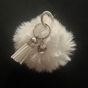 Elegant White Fluffy Keychain with Tassel and Charm